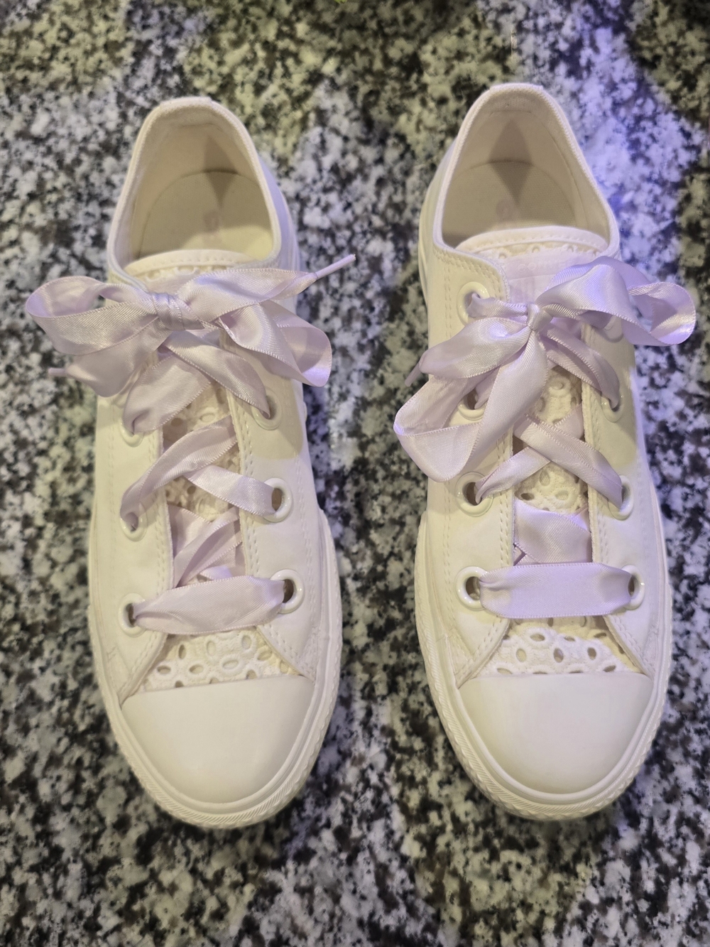 🎀Converse Platform Cream Eyelet Lace Sneakers w Lilac Purple Ribbon Laces